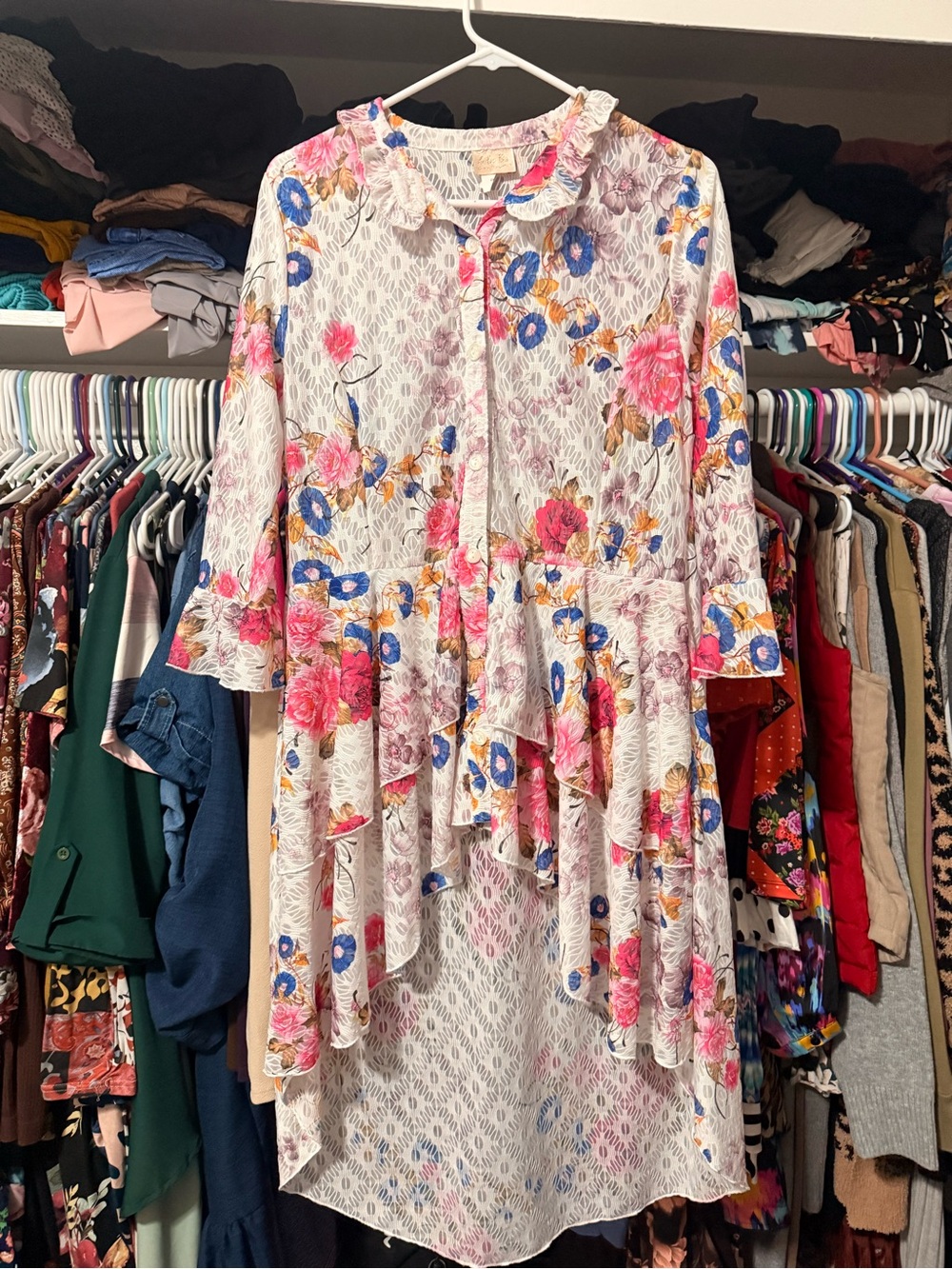 Floral Ruffle High-Low Blouse - White/Pink